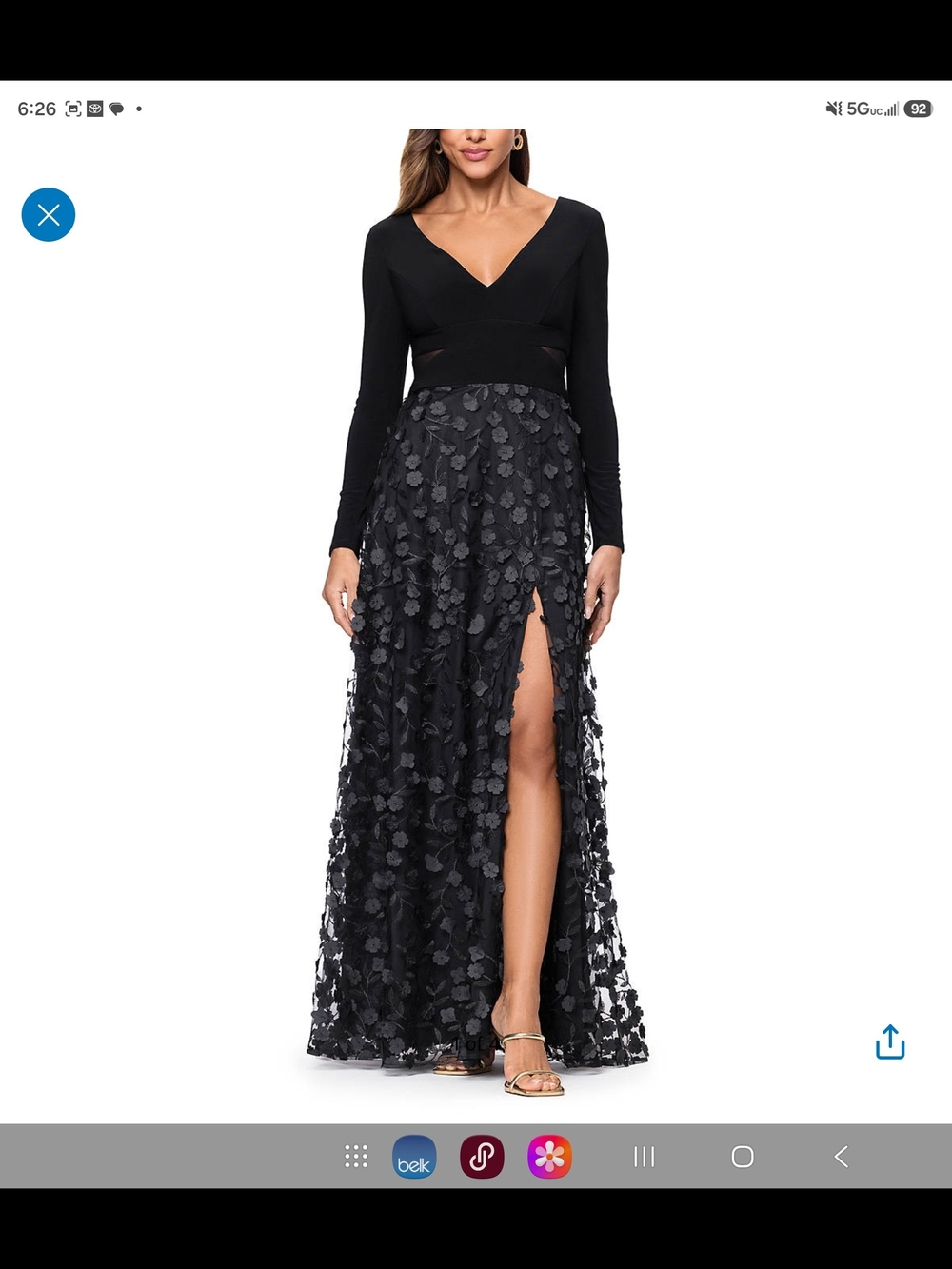 Xscape Black Long Sleeve V-Neck Gown with Floral Appliqué Skirt and High Slit